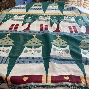 Crown Crafts Cat Kitty Christmas Cotton Throw Blanket VTG Rare